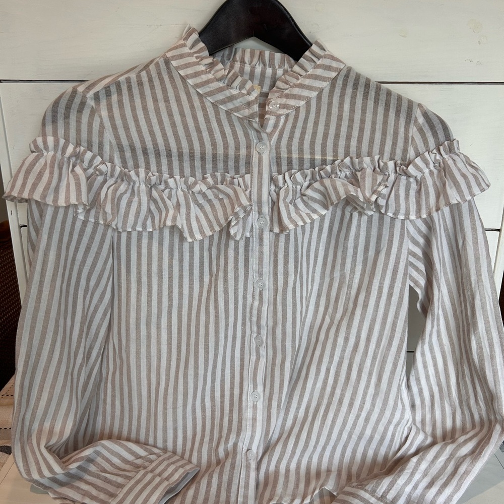 Listicle Beige and White Striped Ruffle-Trim Button-Down Shirt